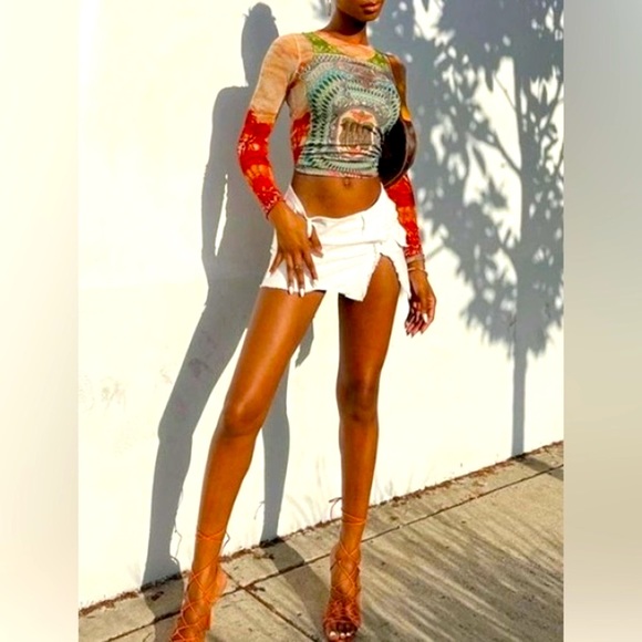 Unique Banknote Long Sleeve Graphic Crop Sexy Mesh Sheer Streetwear T Shirts - Picture 10 of 15